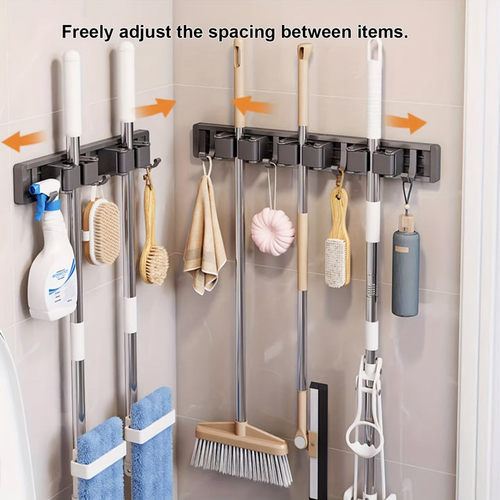 Organizador de pared para escobas y trapeadores, 1 estante metálico con ganchos ajustables, ahorrador de espacio, ideal para baño, cocina, jardín, lavandería o garaje - Acabado lacado, soporte para herramientas y estantes