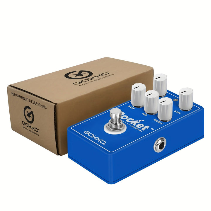 GOKKO GK-45 Pedal de Guitarra Distorsión Rocket - True Bypass, Alimentación USB, Azul - Construcción Robusta para Guitarra Eléctrica/Bajo - Controles de Ganancia, Medios y Agudos - Compatible con Pedales y Amplificadores, Marca Audaz, Diseño Metálico Res