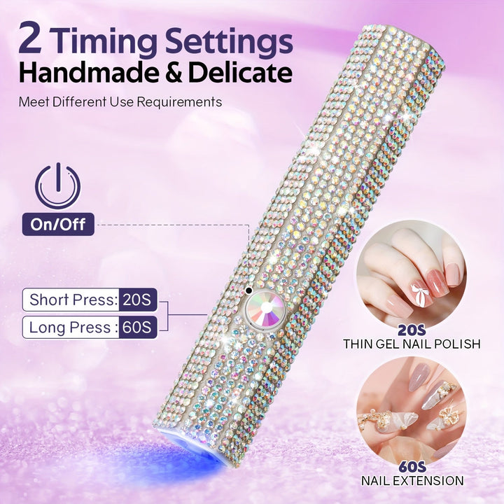 Lámpara de uñas LED portátil con diamantes de imitación brillantes - Recargable por USB, luz de uñas miniatura de mano, batería de litio, sin formaldehído, ideal para regalo de San Valentín, esenciales para el arte de las uñas | Diseño de diamantes de im