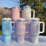 Térmico de acero inoxidable con incrustaciones de perlas, 40 oz, con asa y popote, gran capacidad, reutilizable, solo lavado a mano, ideal para el auto, viajes y días festivos