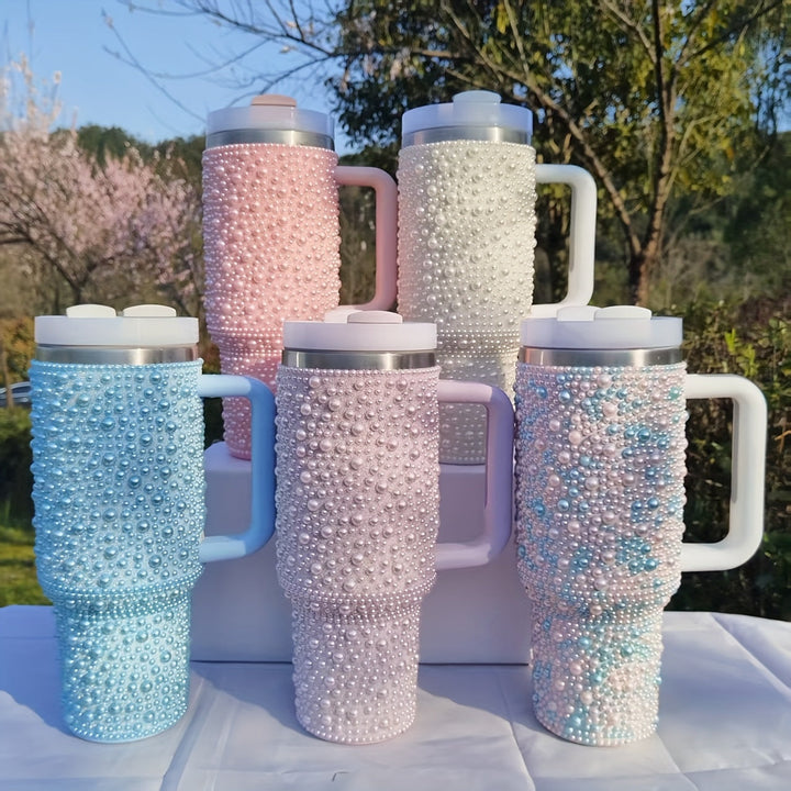 Térmico de acero inoxidable con incrustaciones de perlas, 40 oz, con asa y popote, gran capacidad, reutilizable, solo lavado a mano, ideal para el auto, viajes y días festivos