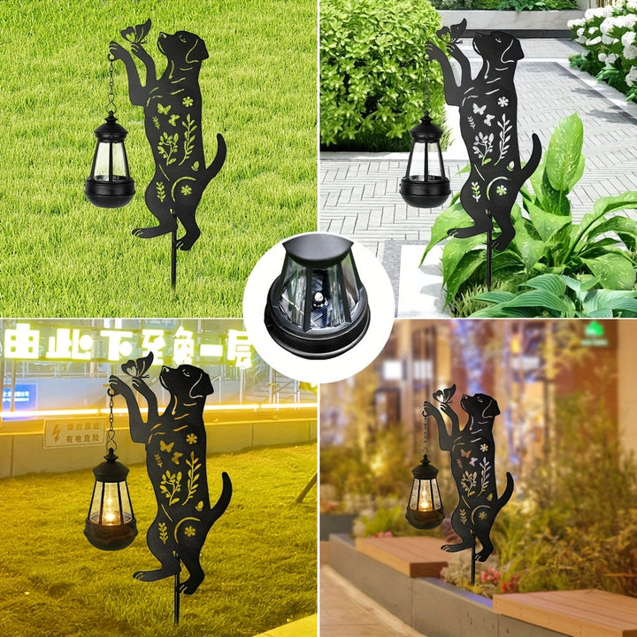 1 pieza de figura de perro solar y luz de jardín de mariposas - Iluminación decorativa exterior de hierro resistente a la herrumbre con sombra de acrílico, montaje semienterrado para patio, césped, caminos - Paneles solares de alta calidad para todas las