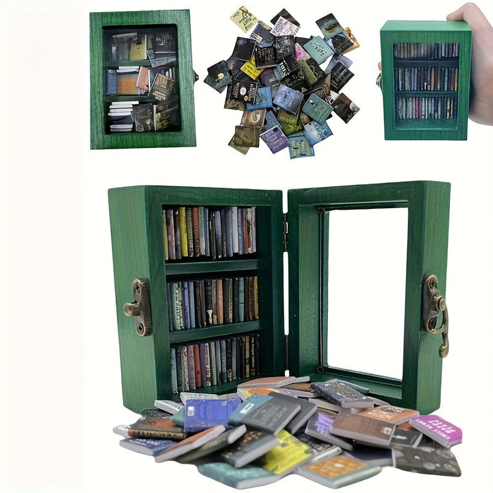 Conjunto de estantería en miniatura encantadora de 1 pieza con 60 libros de madera falsa - perfecto para la decoración del dormitorio y regalos navideños, incluyendo elegantes estantes de exhibición, tranquilidad y sofisticación