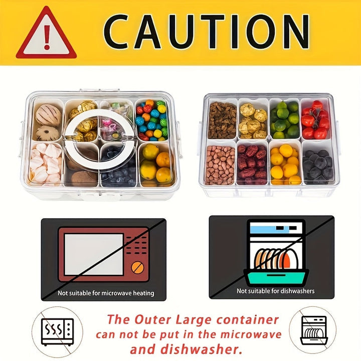 1 pza., Bandeja de servicio dividida en 8 compartimentos con tapa y asa, Snackle Box, Contenedor de charcutería, Platos de aperitivos portátiles, Organizador transparente para dulces, frutas, nueces, aperitivos, perfecto para fiestas, suministros de coci