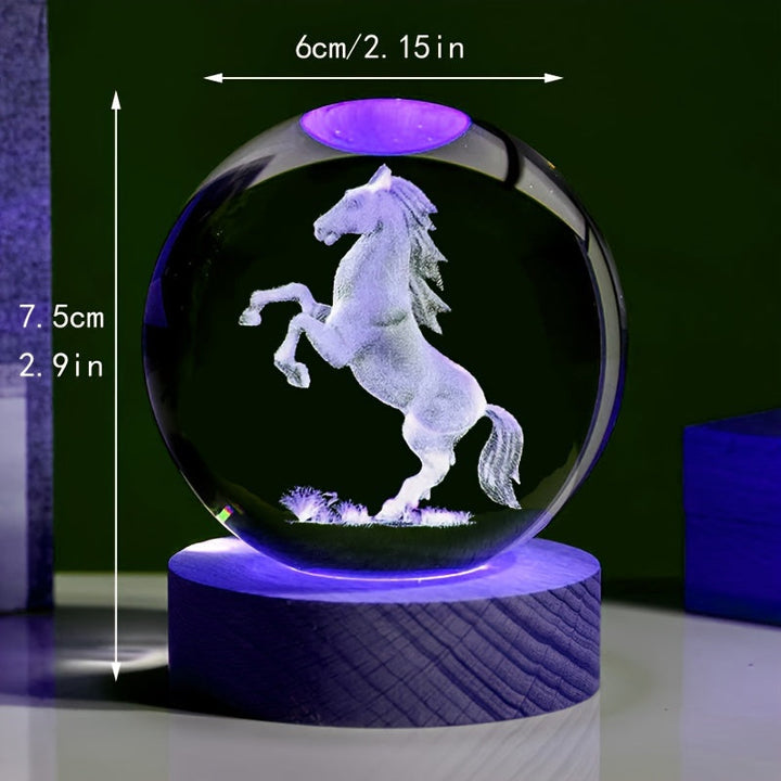 1 Pieza, Cristal Con Diseño De Caballo Grabado Con Láser 3D Con Base De Luz LED De Madera, Adorno De Decoración Del Hogar, Bola De Cristal De Luz Nocturna