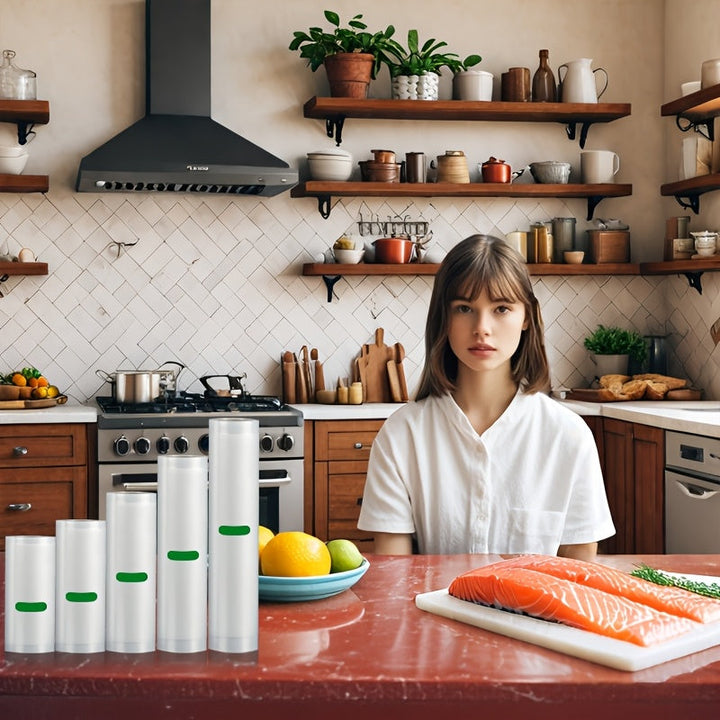 Paquete de 5 rollos de sellador de vacío sin BPA, de 3 metros de largo por rollo, disponibles en anchos de 12 cm, 15 cm, 20 cm, 25 cm y 28 cm - Ideales para almacenamiento de alimentos, preparación de comidas y cocción sous vide - Duraderos, cortados a m