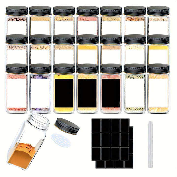 12/24 Paquete de Tarros de Plástico para Especias, 5.6 oz (Aproximadamente 160 g), Contenedores Cuadrados con Saleros y Pimenteros Reutilizables, Incluye Tapas Selladas, Etiquetas y Bolígrafos, Ideales para Especias, Hierbas, Polvos y Purpurina