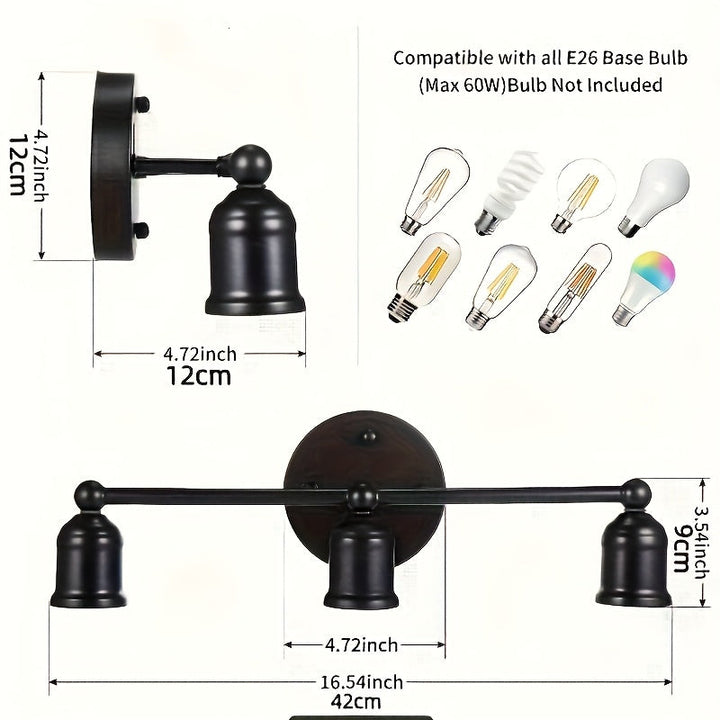 Pack de 3 Lámparas para Baño, Luz Negra para Maquillaje en el Baño, Luz de Pared Moderna para Baño, Luz de Pared Retro, Base E26/E27 para Cocina, Dormitorio, Sala de Estar, Luz de Pared para Baño (Sin Bombillas Incluidas)