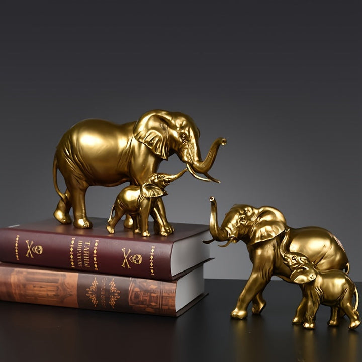 Figura de Elefante Dorado de Madre y Crías - Decoración de Resina para Sala de Estar, Entrada, Estantería - Regalo Perfecto para Acción de Gracias