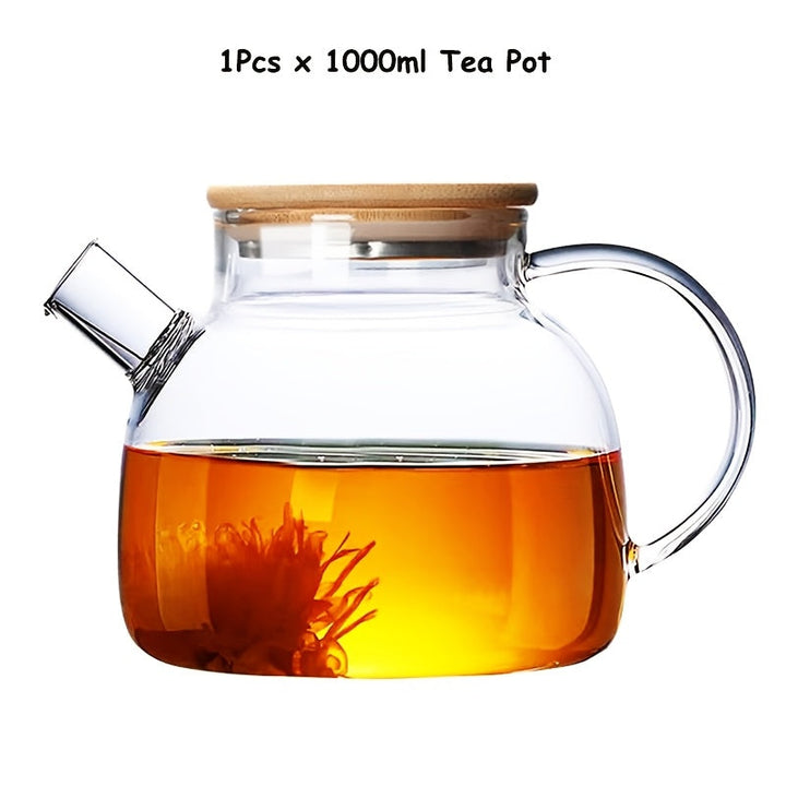 Tetera de vidrio borosilicato con tapa de bambú, 1000ml/1800ml, resistente al calor, jarra de agua de vidrio transparente, pico con filtro removible, apta para estufa y microondas, ideal para té de hojas sueltas y jugo de frutas, regalo perfecto para día