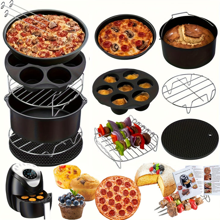 Kit de Accesorios para Freidora de Aire (para 3.7-5.8QT) - Incluye Bandeja Antiadherente de Pizza de 17.78cm, Molde para Pastel, Parrilla y Moldes de Silicona de 7 Cavidades - Aptos para Lavavajillas - Libro de Recetas Incluido - Herramientas para Hornea