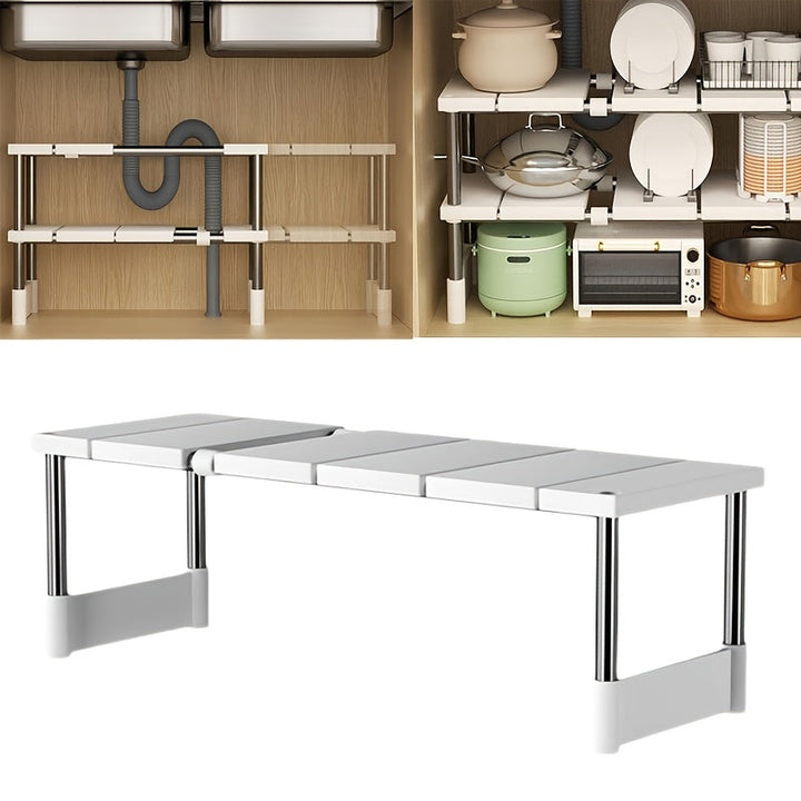 Estante de almacenamiento ajustable de acero inoxidable debajo del fregadero - Estante organizador de gabinete de cocina de un solo nivel/doble nivel, diseño no hueco, material de metal y plástico