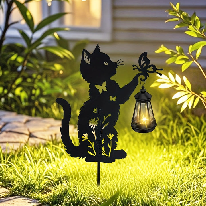 1 pieza/2 piezas, iluminación solar para exteriores, decoración de jardín - Gato jugando con mariposas, lámpara solar de arte de hierro, decoración de metal para la casa, adecuada para el camino de la entrada, césped, patio, Navidad, regalo único.