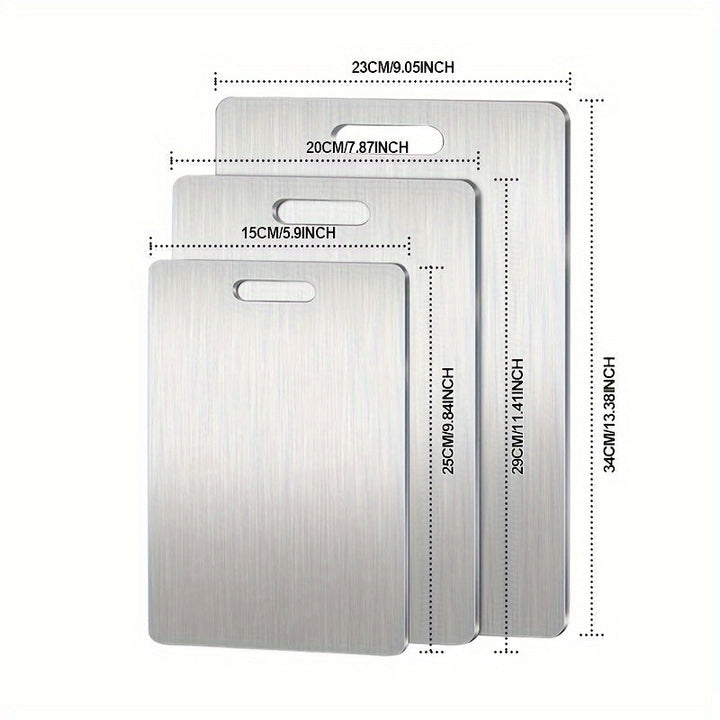 Juego de 3 tablas de cortar de acero inoxidable - Seguras para lavavajillas, doble cara para tareas de cocina diversas, esenciales para la cocina, seguras para alimentos, tamaños 9,84 x 5,9 pulgadas, 11,41 x 7,87 pulgadas, 13,38 x 9,05 pulgadas