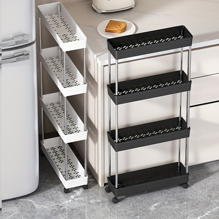 Carrito de almacenamiento rodante delgado de 4 niveles con ruedas, organizador de plástico blanco/negro para cocina, baño o sala de estar - 35,8" de altura, soporte de piso de múltiples capas, diseño fácil de mover y almacenar, carritos de utilidad