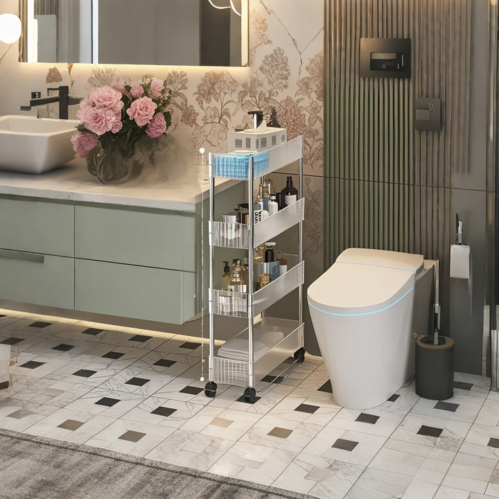Carrito organizador angosto y delgado con ruedas - Estante de almacenamiento móvil ajustable para espacios pequeños, cocina, baño y tocador, estante ahorrador de espacio con ruedas, organizador duradero para baño (uso en mesada o piso)