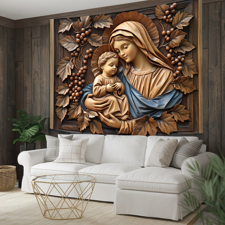 Una talla de madera en 3D de la Virgen María y el Niño Jesús, adecuada para dormitorios, salas de estar y áreas al aire libre.