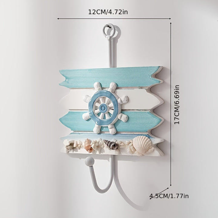 Perchero de madera contemporáneo y ganchos para toallas, organizador de almacenamiento de fácil instalación en la pared para el hogar, hotel, decoración costera - Perchero colgante de temática náutica con velero decorativo, ancla, timón y conchas marinas
