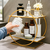 Organizador de Cosméticos Doble Capa de Acero Inoxidable - Estante Redondo Moderno de 27 Pulgadas para Cuidado de la Piel y Perfumes con Base de Mármol | Acabado Metálico Dorado, Regalo Perfecto para 10 Ocasiones Especiales