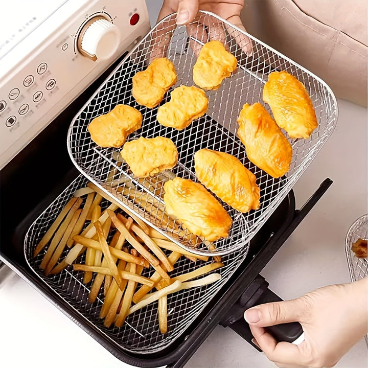 2 estantes cuadrados de acero inoxidable, 1 pinza resistente al calor y 50 hojas de papel pergamino para freidora con aire. Accesorio ideal para cocinar saludable en freidoras aéreas, compatible con varios modelos, perfecto para hornear y deshidratar, fá