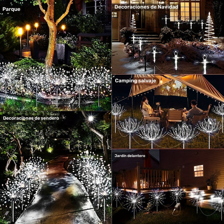 Conjunto de 4 Luces Solares LED para Fuegos Artificiales con 320/240 LEDs para Decoración Navideña, Halloween y Acción de Gracias, 8 Modos, Luces Solares para Jardín Exterior, Estacas de Explosiones Estelares, Balcón del Patio, Camino de Césped, Decoraci