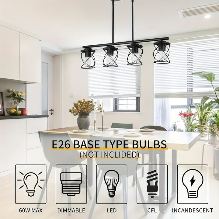 Iluminación de isla de cocina medieval moderna con poste ajustable y jaula metálica negra, adecuada para hoteles, salones, comedores y entradas de pasillos (bombillas no incluidas)