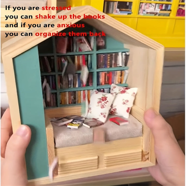 Una caja de mecedora de comodidad artesanal diseñada para aliviar la ansiedad, con una estantería de madera para decoración de oficina en casa, que incluye 200 libros y 2 cojines.