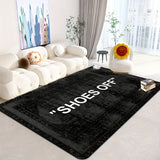 Alfombra Estampada Bohemia 'SHOES OFF' - Suave, Antideslizante, de Franela en Negro | Perfecta para Sala de Estar, Dormitorio, Comedor, Oficina y Decoración de Entrada