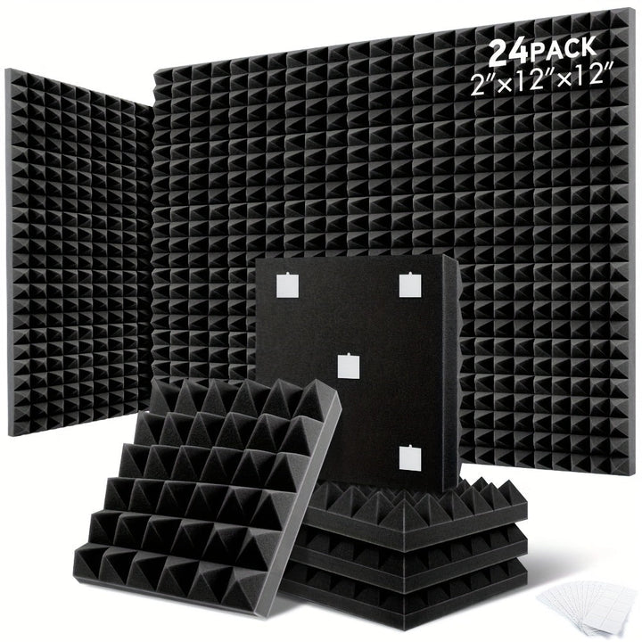 12 piezas, 24 piezas - 2 x 12 x 12 pulgadas - Paneles de Espuma Autoadhesivos para Aislamiento Acústico, Paneles Acústicos de Expansión Rápida, Paneles de Pared con Diseño de Pirámide para Absorber el Sonido y Eliminar Ecos