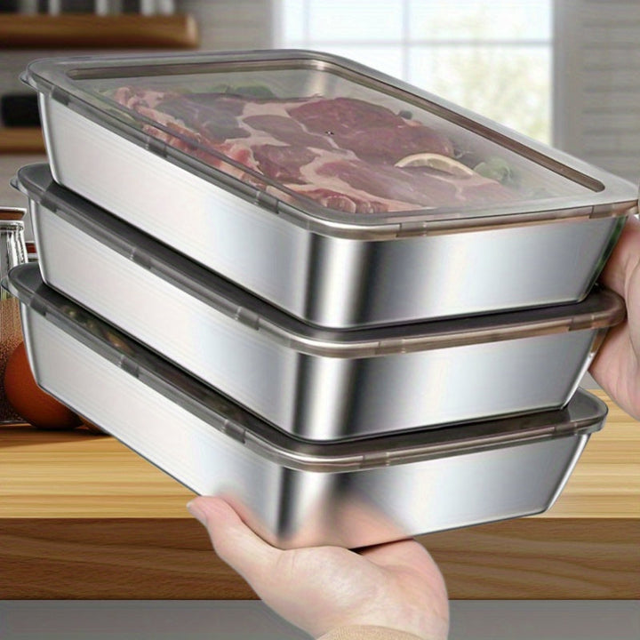 3/6 Recipiente de Almacenamiento de Comida Duradero en Acero Inoxidable - Hermético, Libre de BPA, Apto para Microondas y Refrigerador, Irrompible, Caja Rectangular Multifuncional con Tapa Abatible, Ideal para Nevera y Despensa