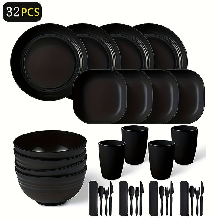 Juego de Vajilla Elegante de Plástico Negro de 32 Piezas - Incluye Platos, Cuencos, Tazas, Tenedores, Cucharas, Cuchillos - Reutilizable y Apto para Microondas - Ideal para el Hogar, Picnics, Regalos - Diseño Redondo Elegante Perfecto para Celebraciones