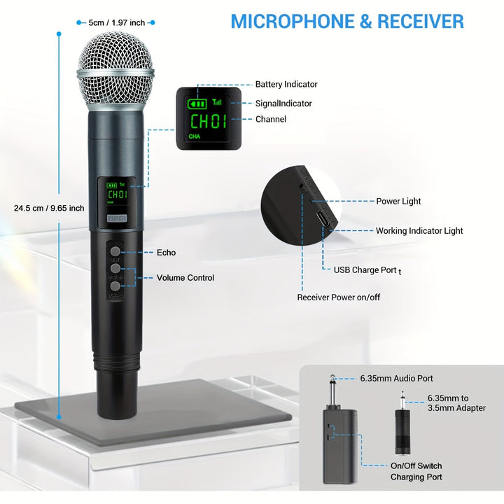 Micrófono inalámbrico Heikuding E58, con enchufe de 3,5 mm, control de volumen, indicador de batería, batería recargable de litio, uso dual USB, para grabación y actuaciones en vivo.