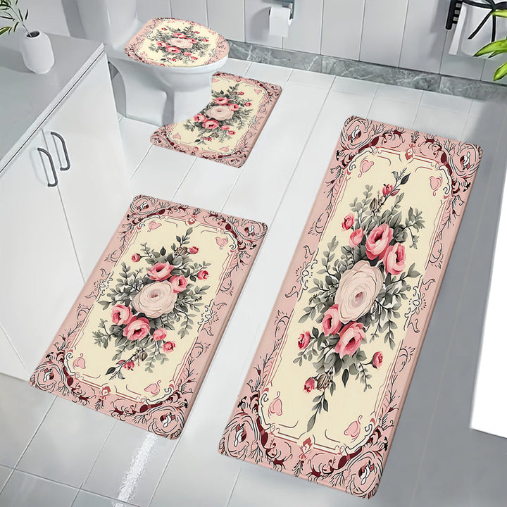 Juego de 4 Alfombrillas de Baño con Estampado de Rosas Rosas - Antideslizantes, de Franela Suave, Alfombrillas Cómodas con Diseño Floral Intrincado para Decoración del Hogar, Decoración de Baño y Accesorios