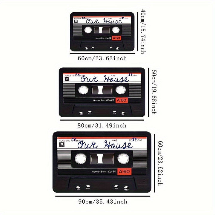 1 alfombra de bienvenida con diseño de casete retro, antideslizante y absorbente de poliéster para interiores, lavable a máquina, respaldo de PVC, decoración rectangular para entrada o porche