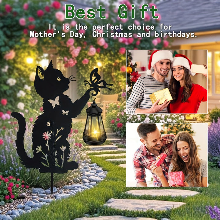 1 pieza/2 piezas, iluminación solar para exteriores, decoración de jardín - Gato jugando con mariposas, lámpara solar de arte de hierro, decoración de metal para la casa, adecuada para el camino de la entrada, césped, patio, Navidad, regalo único.