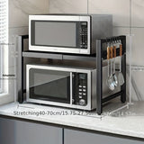 Soporte Expansible para Microondas, Estante de Almacenamiento para Utensilios de Cocina y Vajilla, Estante para Microondas para Encimera, Estante de Almacenamiento de Cocina Metálico de 2 Niveles, con 4 Ganchos, Estante para Pan, Estante para Microondas,