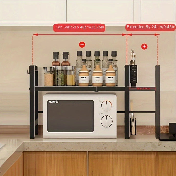 Soporte Expansible para Microondas, Estante de Almacenamiento para Utensilios de Cocina y Vajilla, Estante para Microondas para Encimera, Estante de Almacenamiento de Cocina Metálico de 2 Niveles, con 4 Ganchos, Estante para Pan, Estante para Microondas,