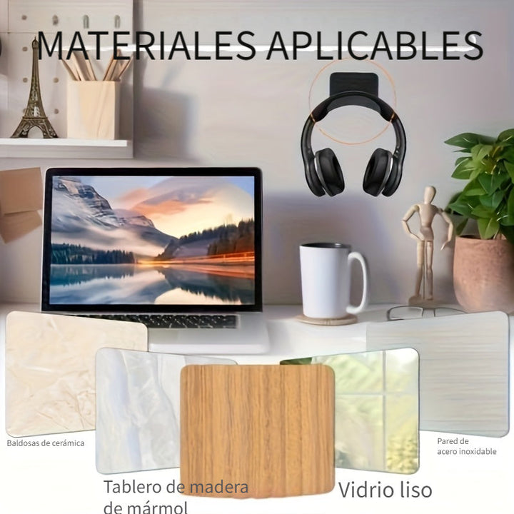 Soporte para auriculares de 1 pieza montado en la pared sin perforaciones, soporte para debajo de la mesa, soporte para la cabeza, gancho para colgar, estante para auriculares de esports