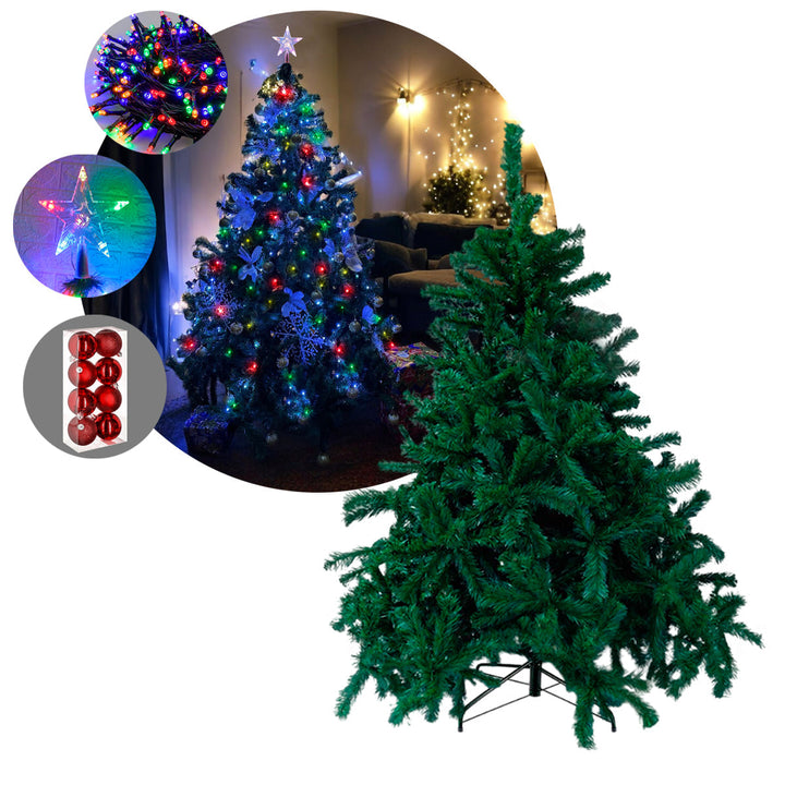 Árbol Navidad Singapur Tupido 2.10m 1.060 Ramas + Estrella + Luces + Bolas De Regalo SIN210