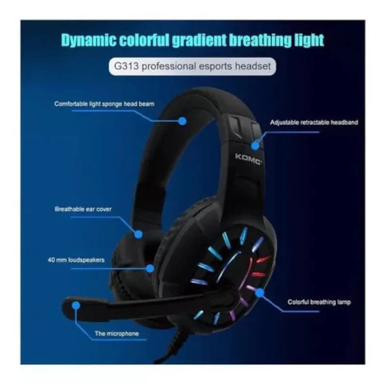 Audífonos diadema Gamer Komc G313 USB con micrófono y luces Led