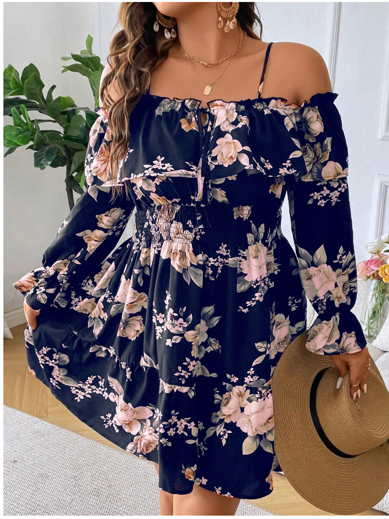 Vestido con estampado floral de hombros descubiertos de manga con volante con nudo delantero