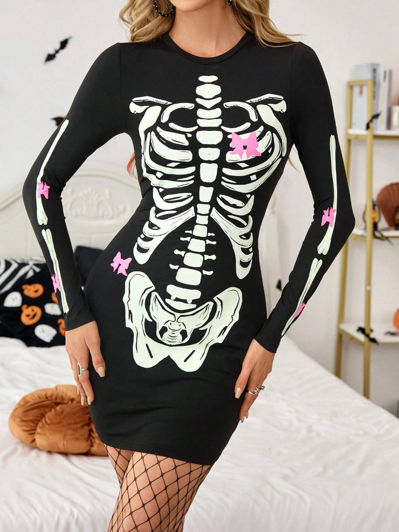 Vestido ajustado con estampado de esqueleto luminoso para Halloween