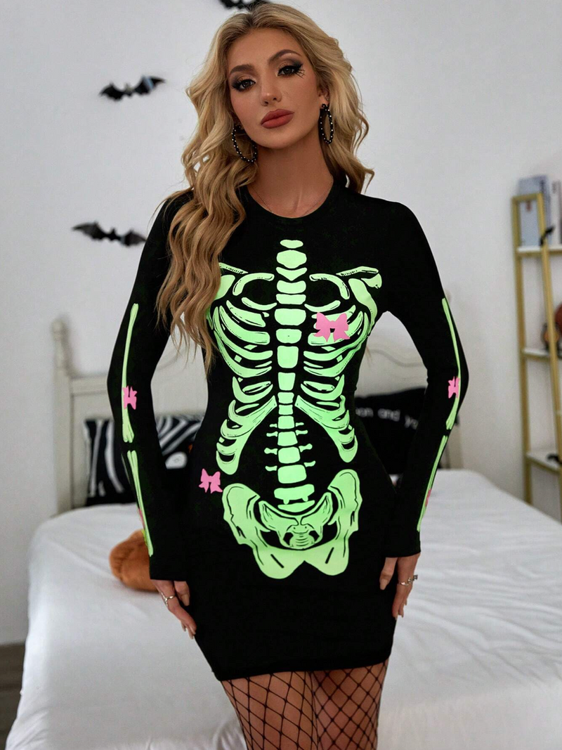 Vestido ajustado con estampado de esqueleto luminoso para Halloween