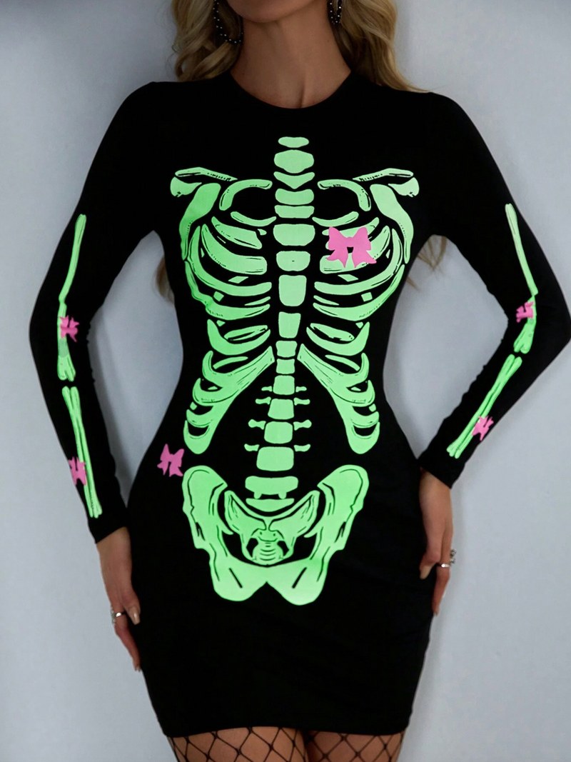 Vestido ajustado con estampado de esqueleto luminoso para Halloween