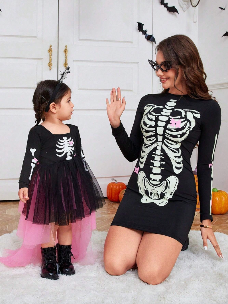 Vestido ajustado con estampado de esqueleto luminoso para Halloween