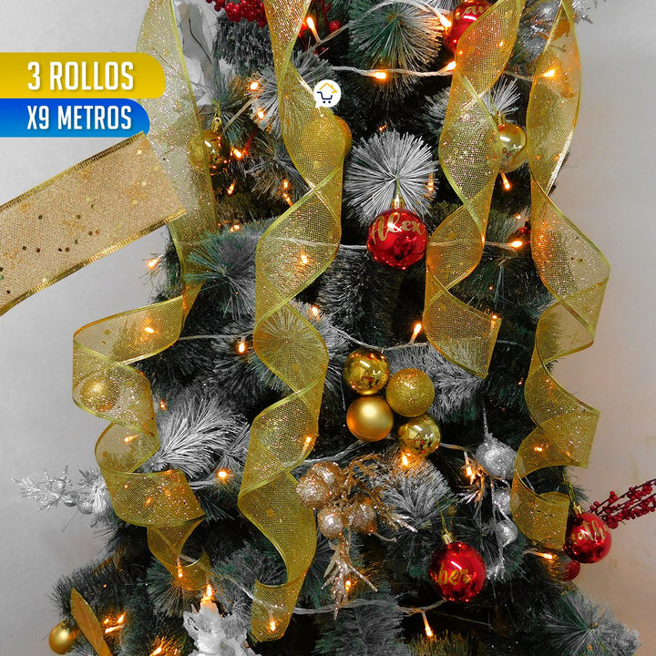 Cinta de Malla Navideña Metalizada x3 Rollos 9 m Dorado 6246D