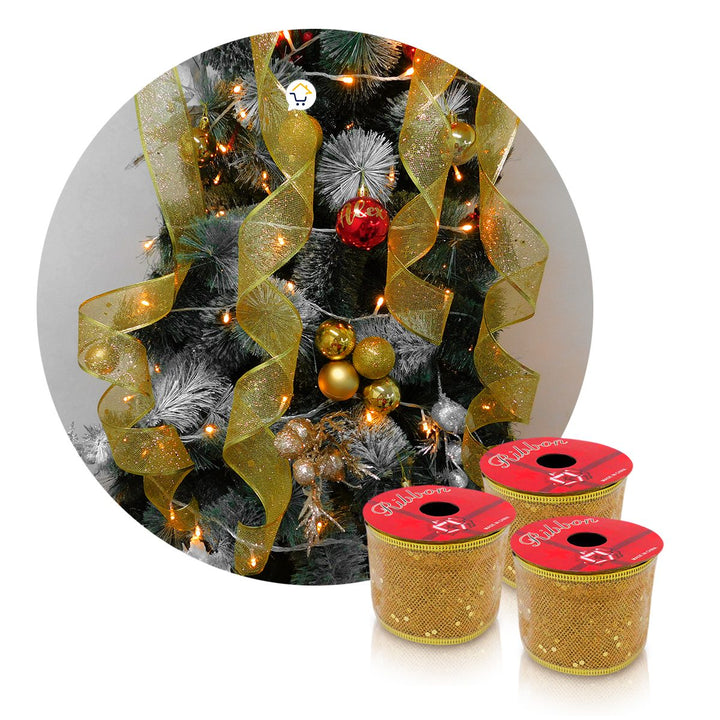 Cinta de Malla Navideña Metalizada x3 Rollos 9 m Dorado 6246D