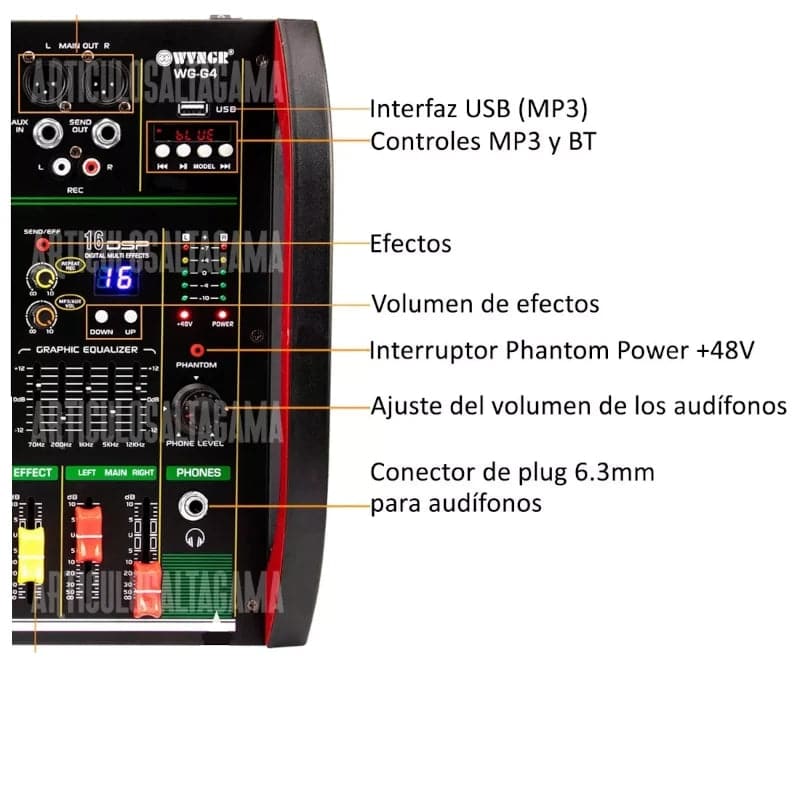 Consola mixer wvngr de 4 canales Phantom Power 48v Bluetooth