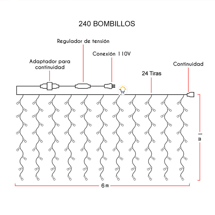 Cortina Led Destellos Luces Navidad 6x1 M 240 Led 1330b