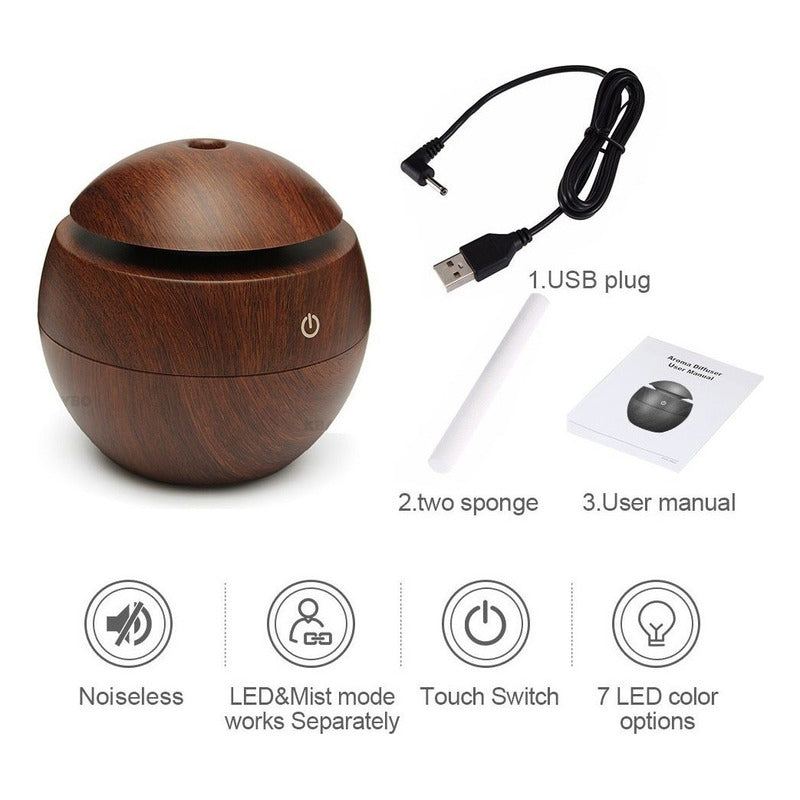 Difusor De Aroma Usb 130ml Ultrasonico Humidificador Color Madera Oscuro